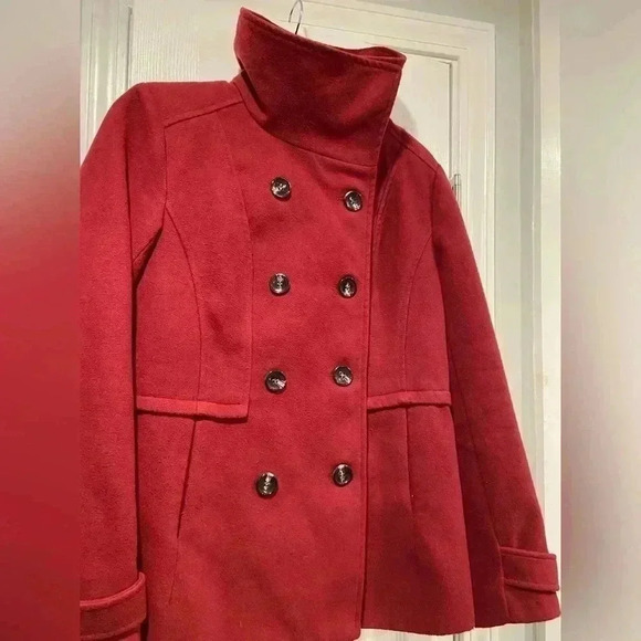 Forever 21 Dark Red Button Down Faux Wool High Snap Neck Pea Coat Size Small - Picture 4 of 12